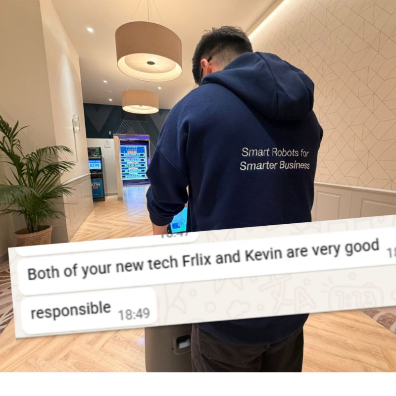 ERA Robotics technician working on site, with client feedback praising Felix and Kevin’s work and responsibility