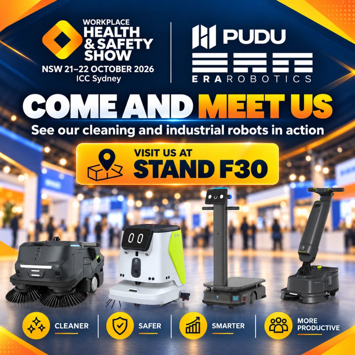 ERA Robotics and PUDU at the Workplace Health & Safety Show 2026, ICC Sydney, Stand F30, with PUDU cleaning and industrial robots