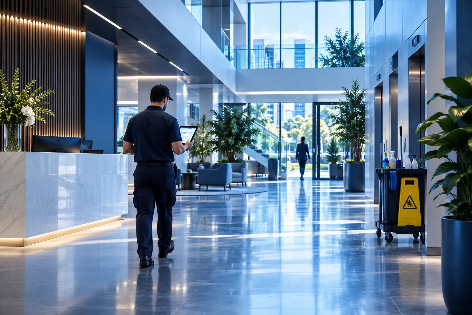 Facility professional managing a modern commercial building
