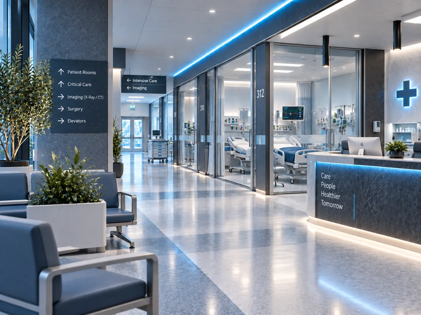 Modern healthcare corridor and reception area