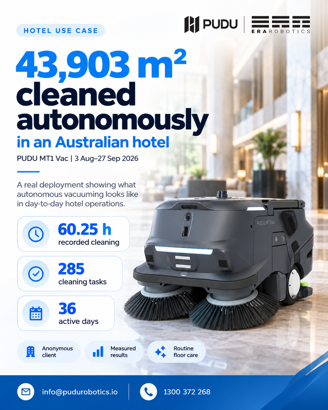ERA Robotics case-study graphic summarising the anonymous Australian hotel MT1 Vac deployment