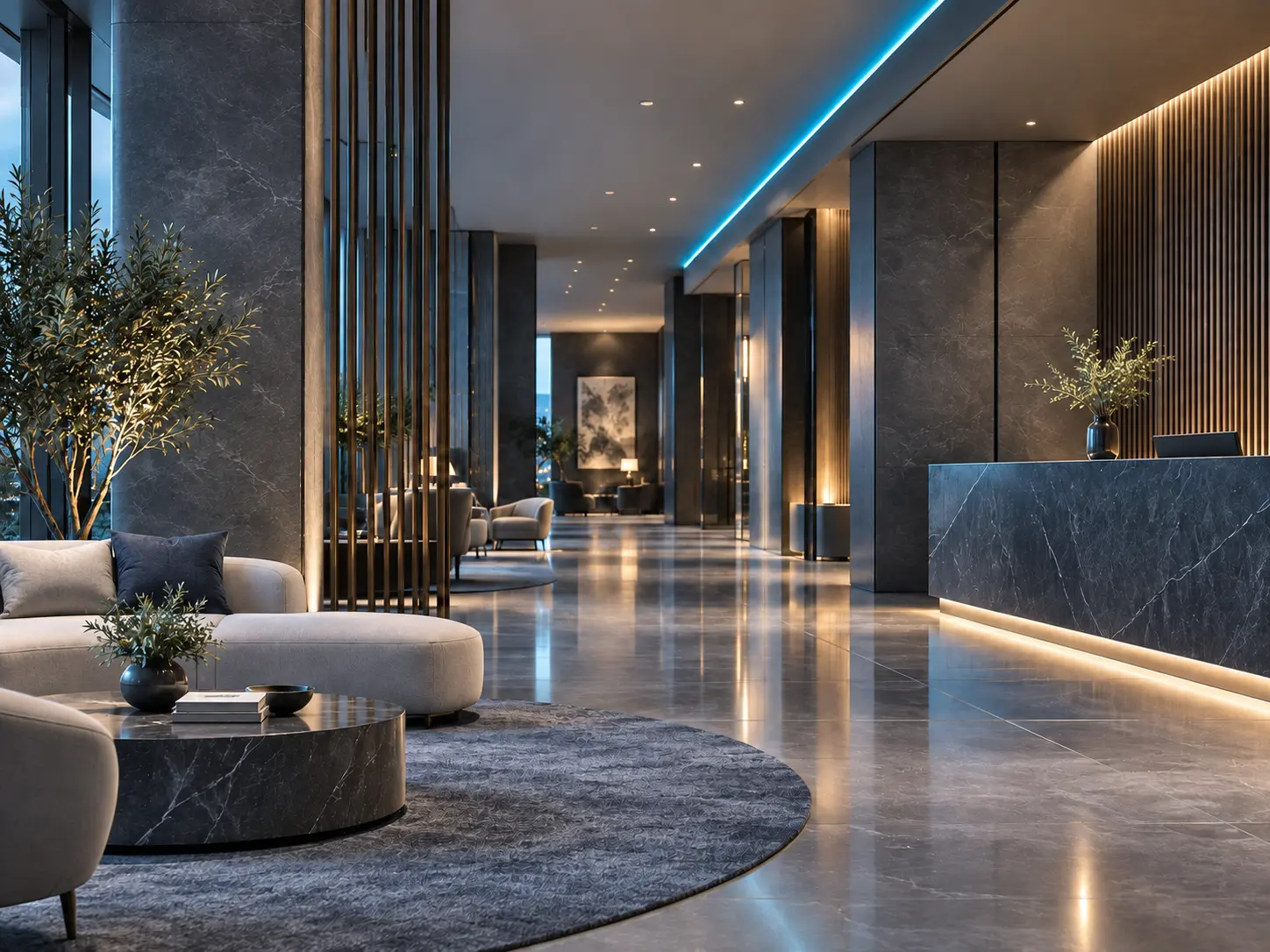 Modern hotel lobby suited to service and cleaning robots