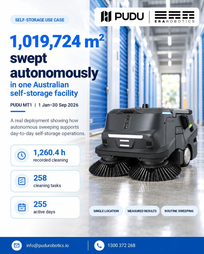 PUDU MT1 self-storage use case: 1,019,724 m² swept autonomously in one Australian self-storage facility, with 1,260.4 recorded cleaning hours, 258 tasks and 255 active days