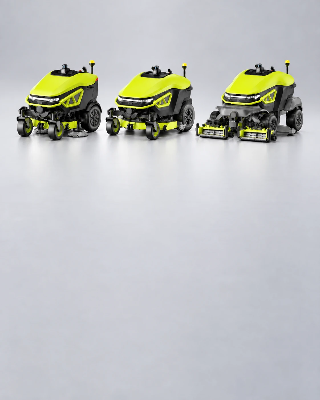 PUDU GT autonomous grounds care robots lined up for commercial mowing and turf care