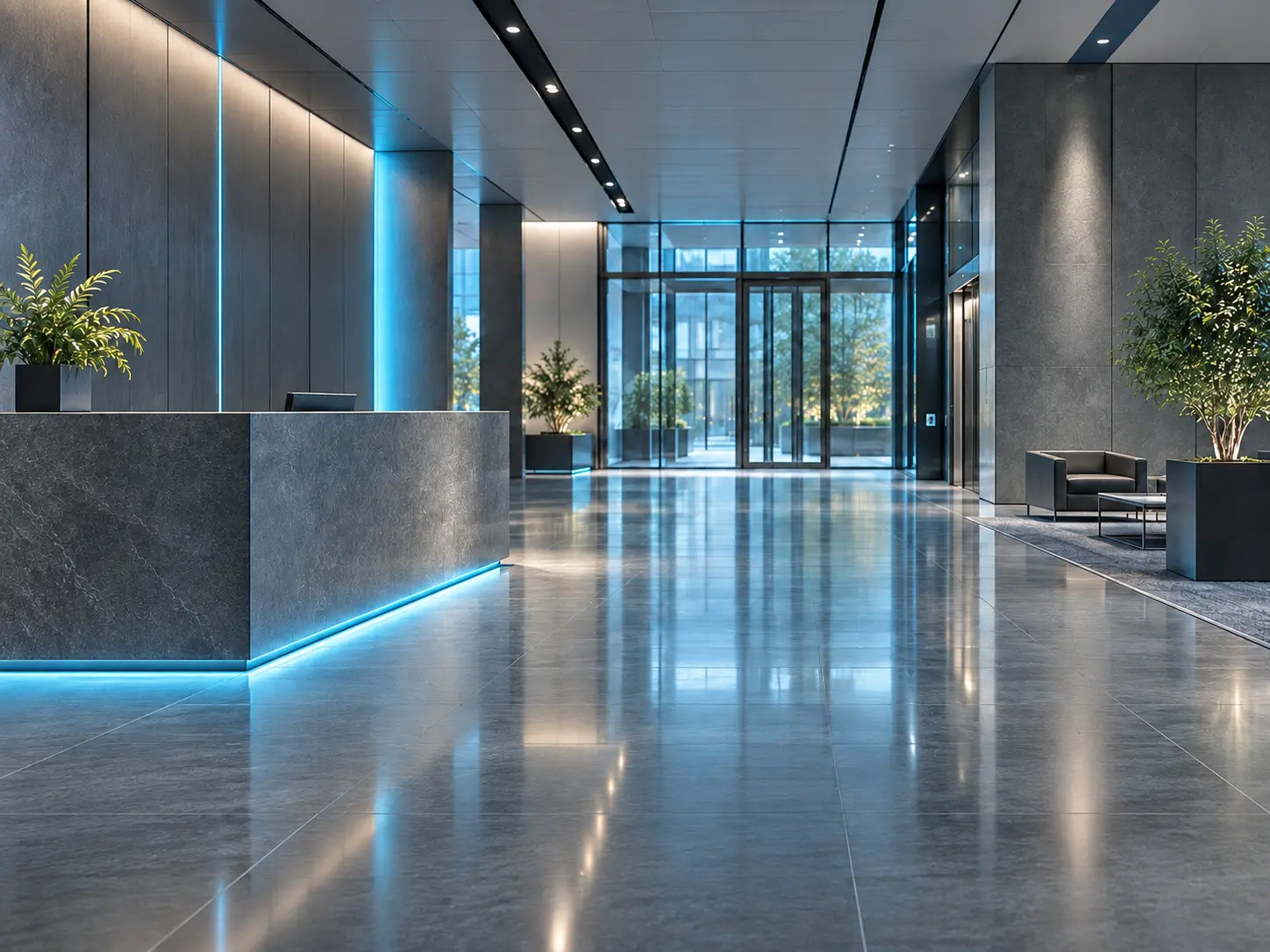 Polished commercial lobby suited to autonomous cleaning