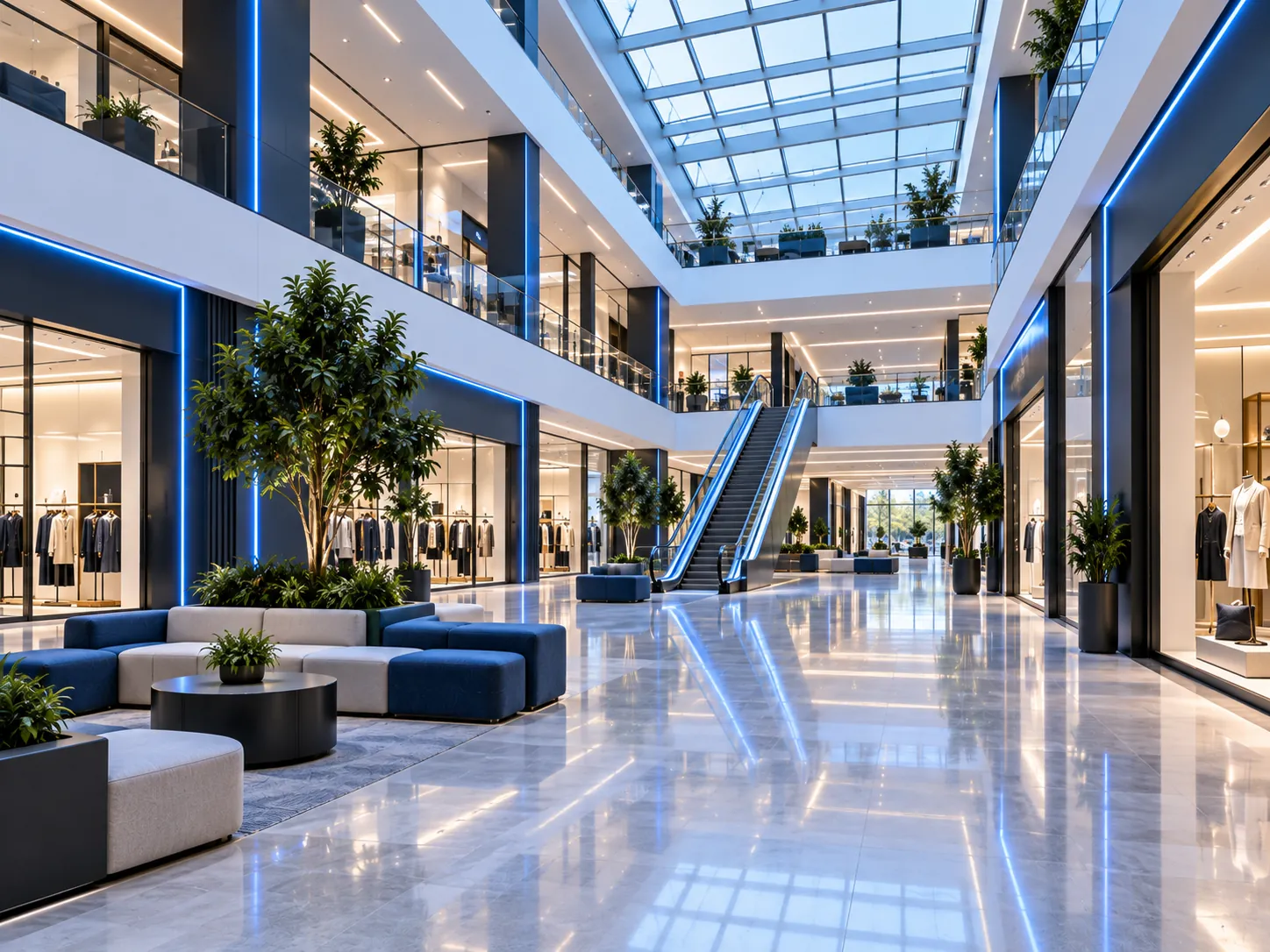 Modern shopping centre atrium suited to service, marketing and cleaning robots