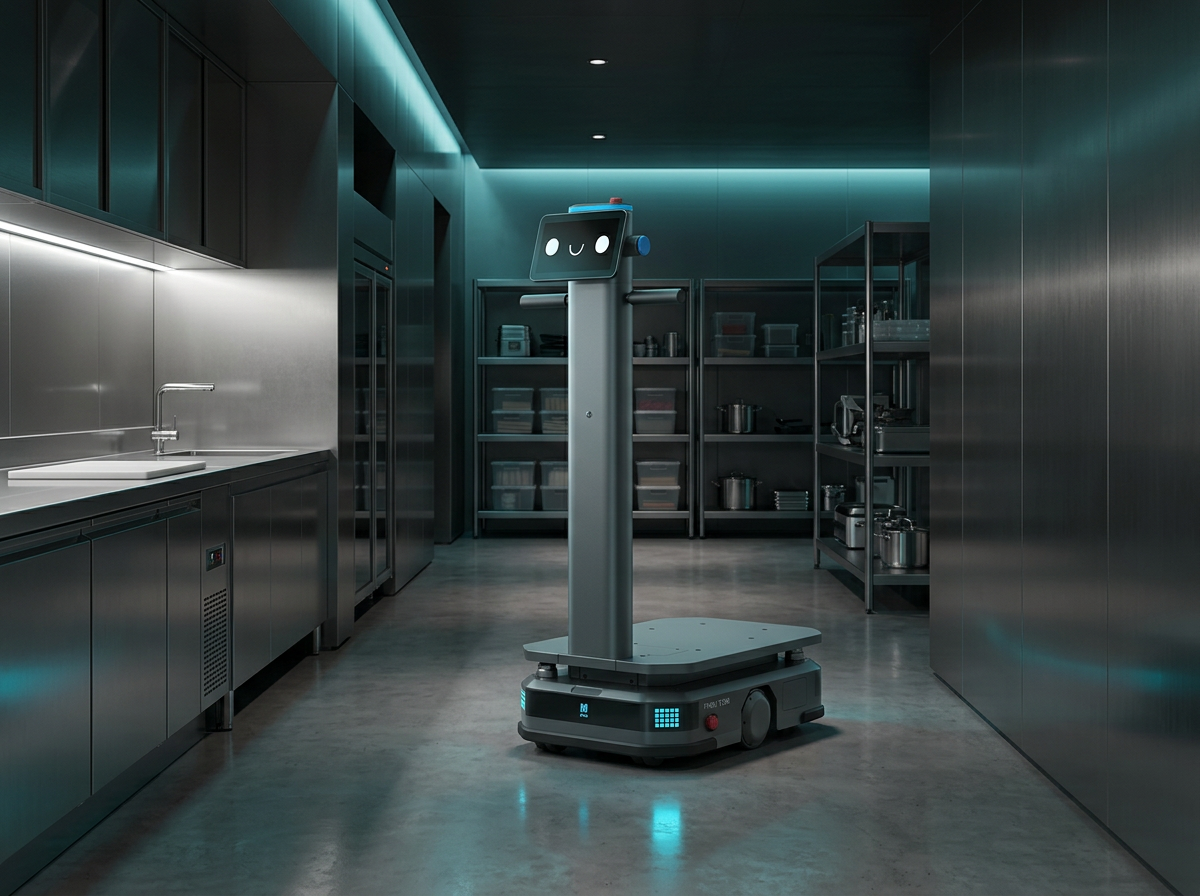 Editorial illustration of a PUDU T300 industrial delivery robot in a commercial back-of-house setting